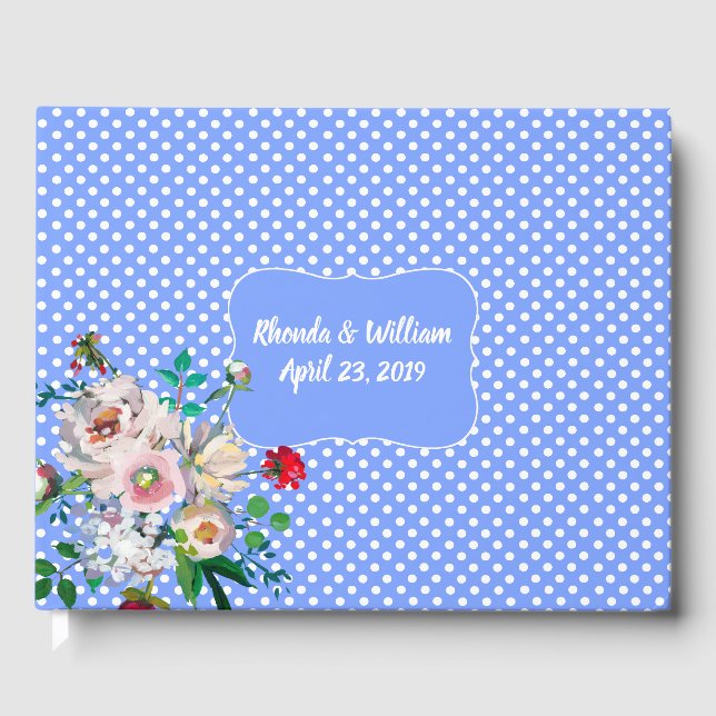 Royal Blue mit weißen Punkten und Blume Hochzeit Gästebuch (Vorderseite)