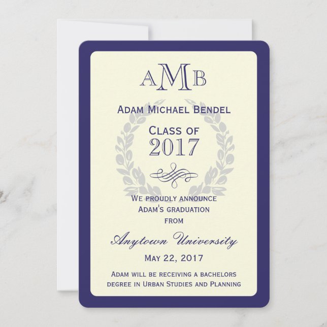 Royal Blue Monogram Faire-part de graduation (Devant)