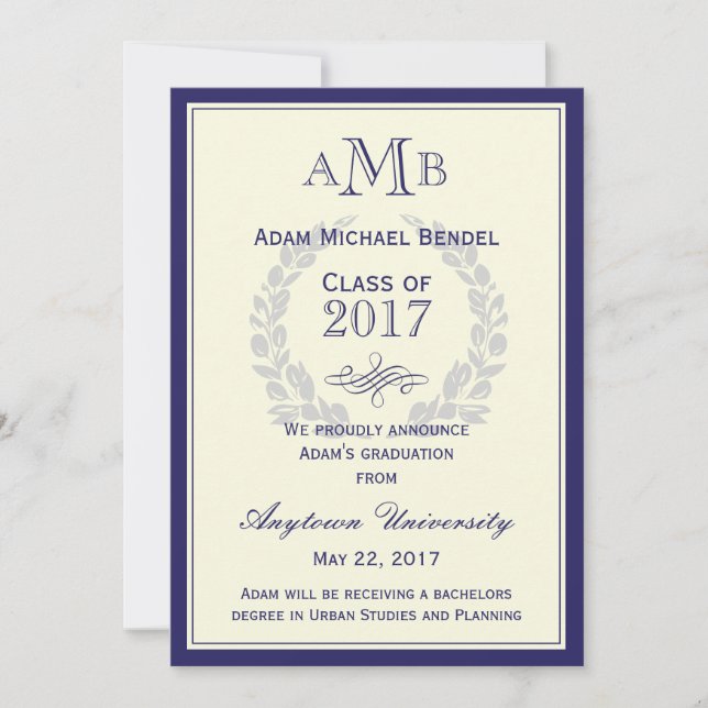Royal Blue Monogram Faire-part de graduation (Devant)