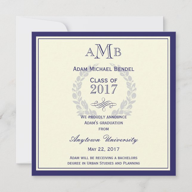 Royal Blue Monogram Faire-part de graduation (Devant)