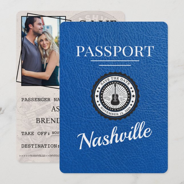 Royal Blue Nashville Passport Save the Date (Vorne/Hinten)