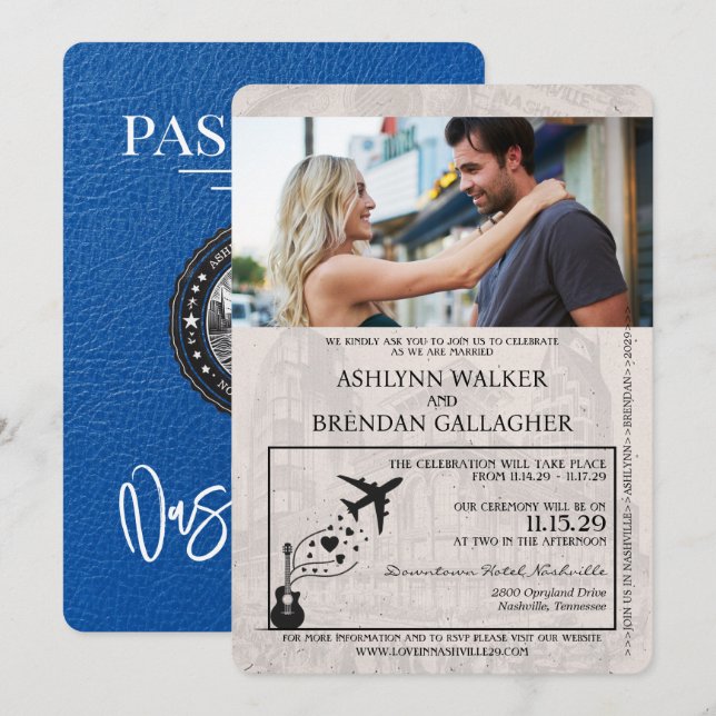 Royal Blue Nashville Passport Wedding Einladung (Vorne/Hinten)