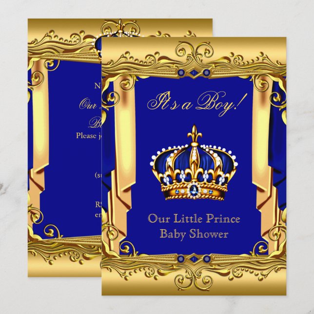 Royal Blue Navy Gold Crown Baby Dusche Einladung (Vorne/Hinten)
