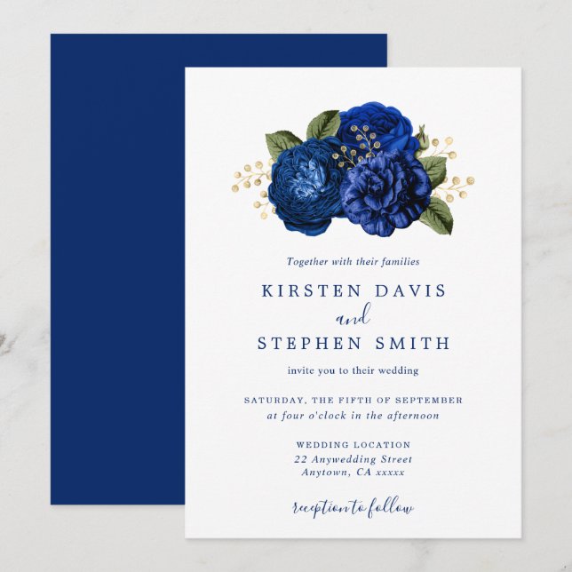 Royal Blue Navy Gold Floral Winter Hochzeit im Her Einladung (Vorne/Hinten)