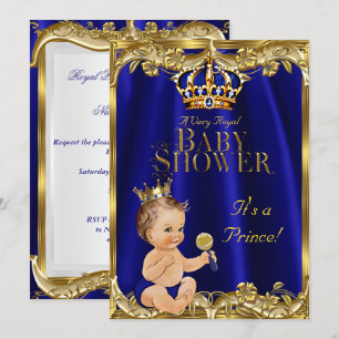 Royal Blue Navy Gold Prince Baby Dusche Brünett Einladung