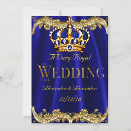 Royal Blue Navy Wedding Gold Crown 2 Einladung