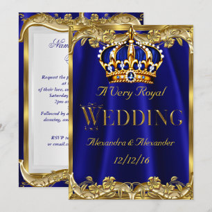 Royal Blue Navy Wedding Gold Crown 3 Einladung