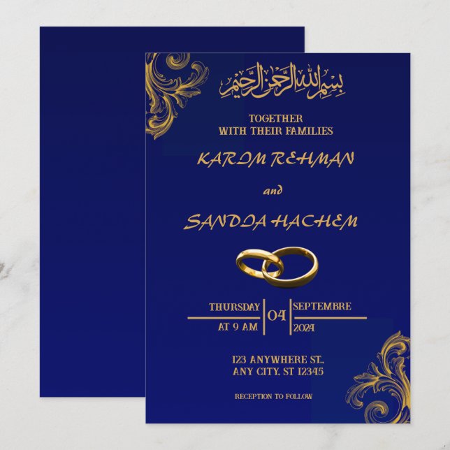 Royal Blue Nikah Faire-part de mariage musulman is (Devant / Derrière)