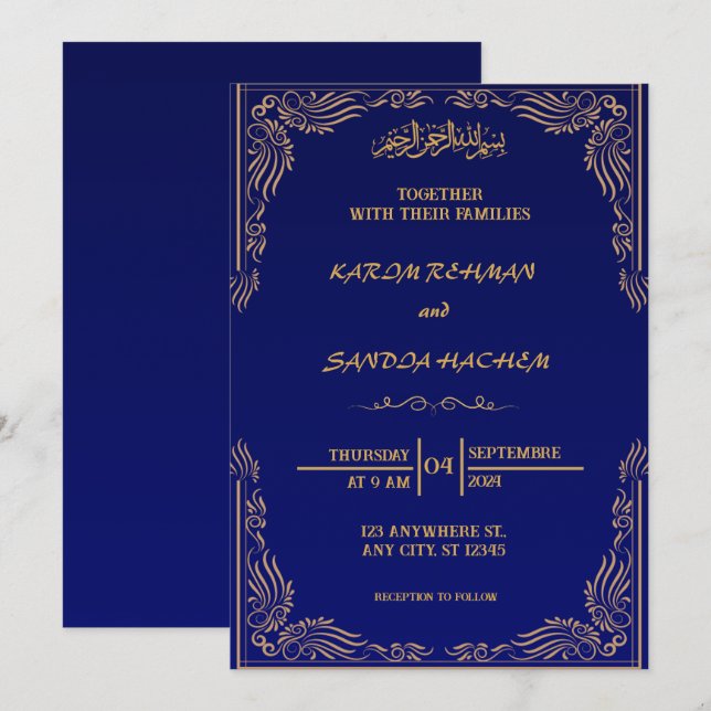 Royal Blue Nikah Islamische Hochzeitseinladung Einladung (Vorne/Hinten)