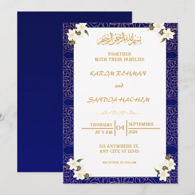 Royal Blue Nikah Islamische Hochzeitseinladung Einladung (Vorne/Hinten)