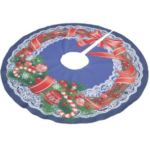 Royal Blue Ombre und Lace mit Weihnachtskranz Polyester Weihnachtsbaumdecke