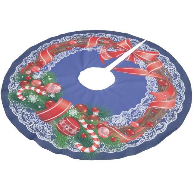 Royal Blue Ombre und Lace mit Weihnachtskranz Polyester Weihnachtsbaumdecke (Schrägansicht)