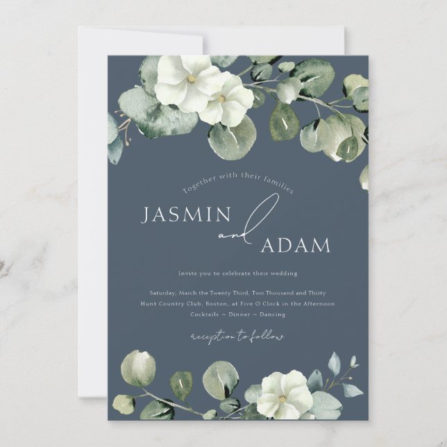 Royal Blue Opulence Eucalyptus Foto Wedding Einladung (Vorderseite)