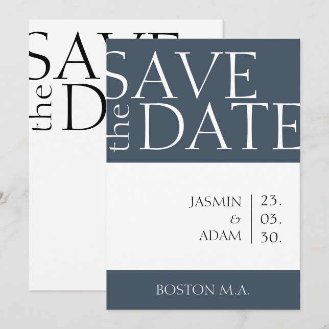 Royal Blue Opulence Minimal Typografie Hochzeit Save The Date (Vorne/Hinten)