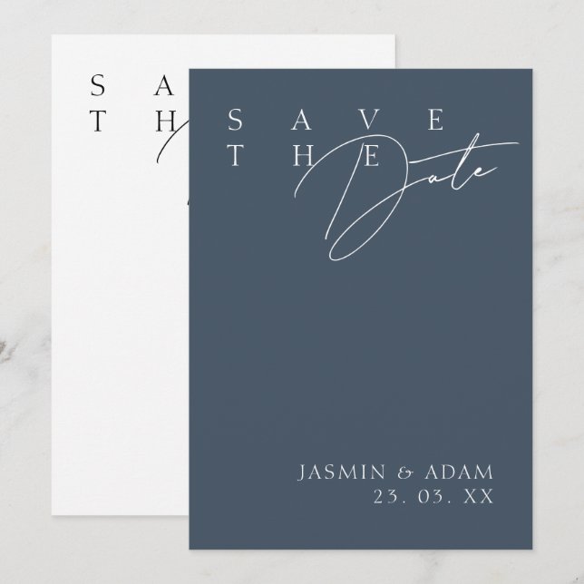 Royal Blue Opulence Modern Typografy Wedding Save The Date (Vorne/Hinten)