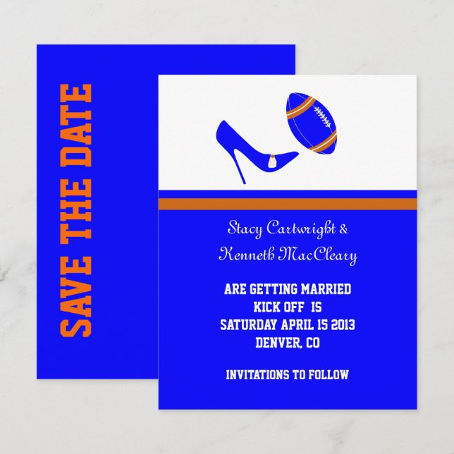 Royal Blue & Orange Football Save the Date Einladung (Vorne/Hinten)