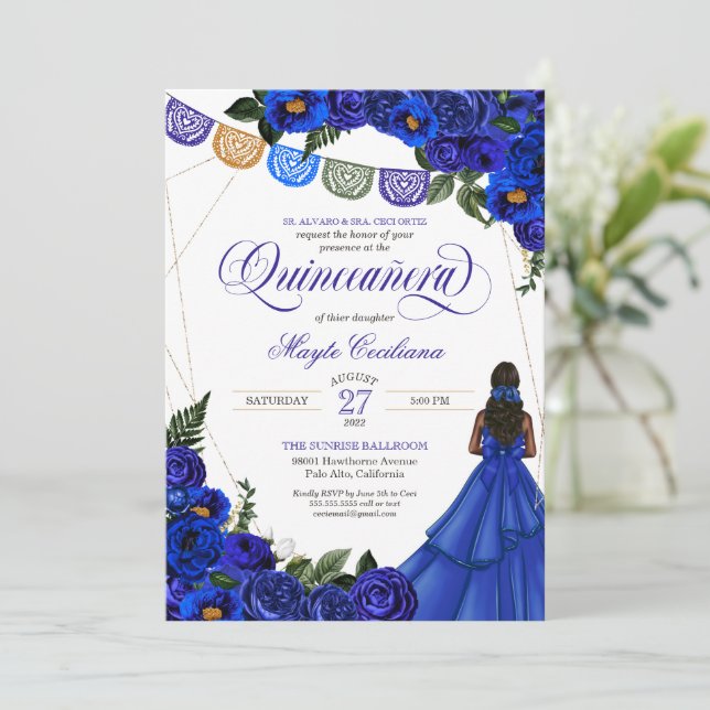 Royal Blue Papel Picado Quinceñera 15. Geburtstag  Einladung (Stehend Vorderseite)