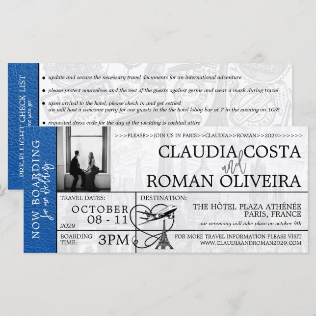 Royal Blue Paris Mariage Boarding Pass Invitation (Devant / Derrière)