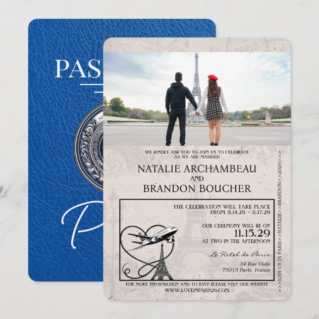 Royal Blue Paris Passport Wedding Einladung (Vorne/Hinten)