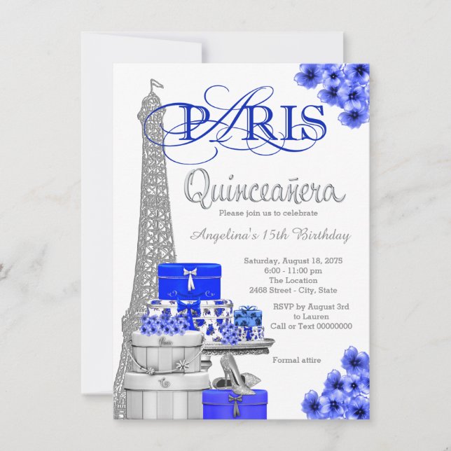 Royal Blue Paris Quinceanera Einladungen (Vorderseite)