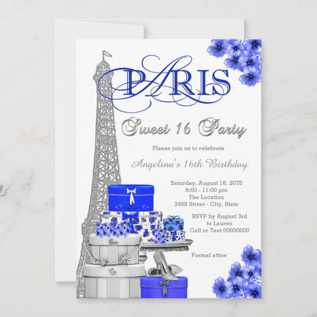 Royal Blue Paris Sweet 16 Party Einladung (Vorderseite)