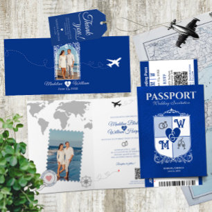 Royal Blue Passport Style Hochzeit in Urlaubsort Einladung
