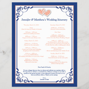 Royal Blue, Peach Hearts Wedding Itinerary Flyer