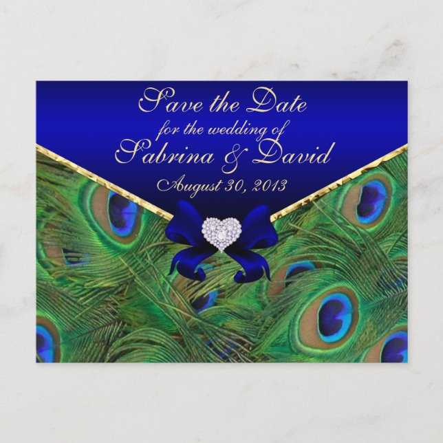 Royal Blue Peacock Save the Date Postcard Ankündigungspostkarte (Vorderseite)