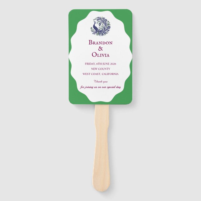 Royal Blue Peacock Wedding Program Set of Fans Fächer (Vorderseite)