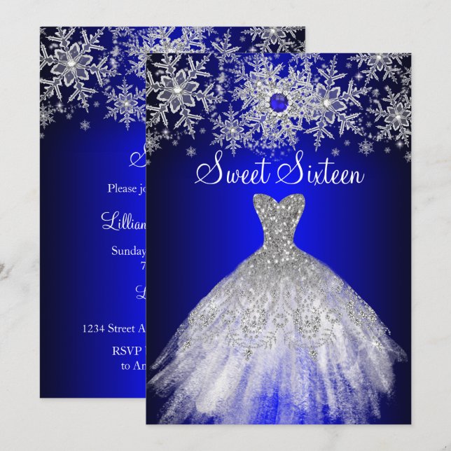 Royal Blue Pearl Silver Dress Snowflake Sweet 16 Einladung (Vorne/Hinten)