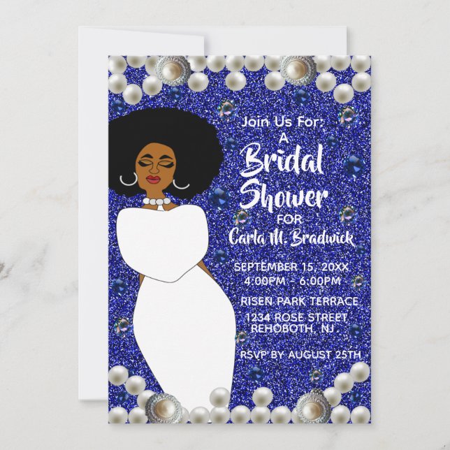 Royal Blue, Pearls Afroamerikanisches Brautparty Einladung (Vorderseite)