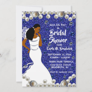 Royal Blue Pearls Afroamerikanisches Brautparty Einladung