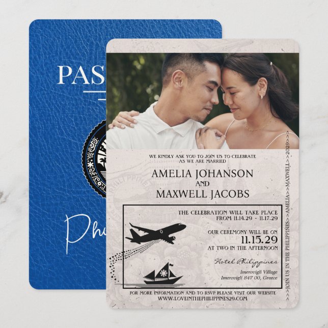 Royal Blue Philippines Pass Wedding Einladung (Vorne/Hinten)