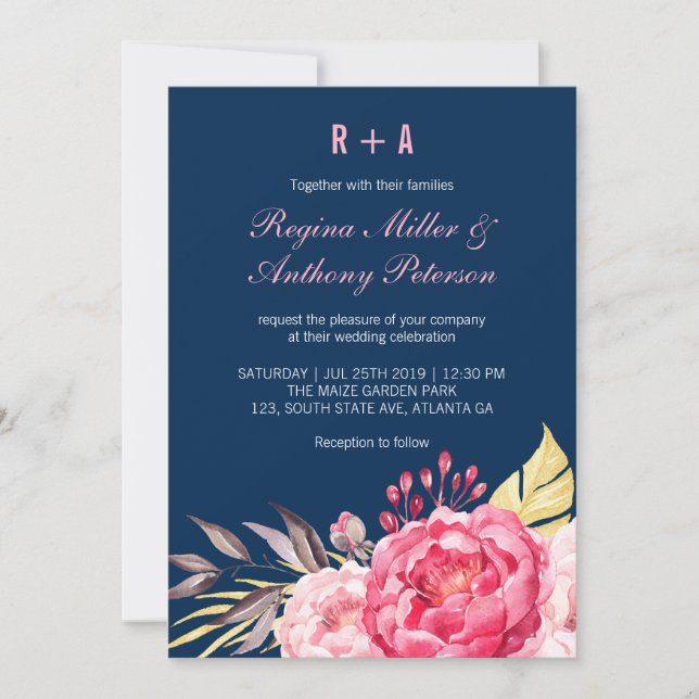 Royal Blue Pink Flower Garden Hochzeit Einladung (Vorderseite)