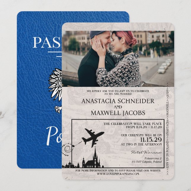 Royal Blue Poland Passport Hochzeitseinladung Einladung (Vorne/Hinten)