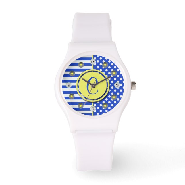 Royal Blue Polka Dots and Stripes Monogram STaylor Armbanduhr (Vorderseite)