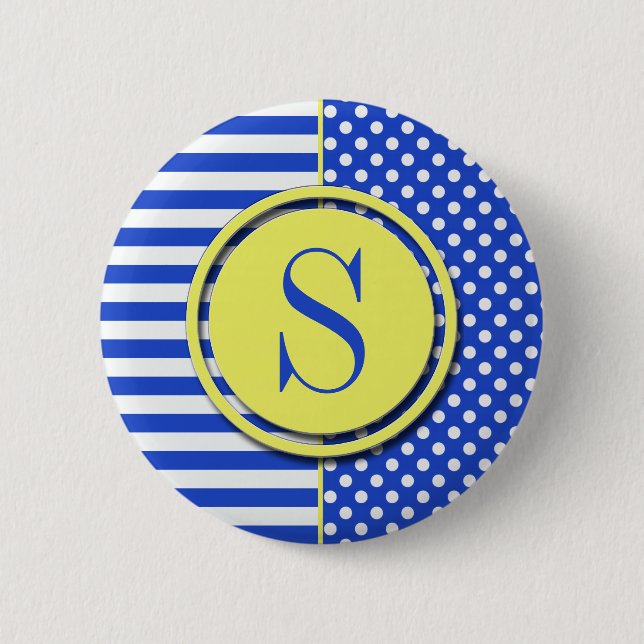 Royal Blue Polka Dots and Stripes Monogram STaylor Button (Vorderseite)