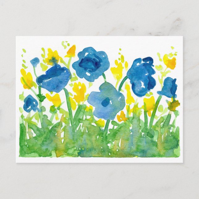 Royal Blue Poppies Gelbe Wildblumen Wasserfarbe Postkarte (Vorderseite)