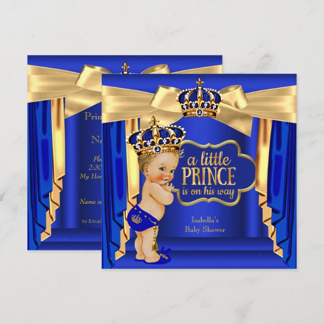 Royal Blue Prince Baby Dusche Gold Crown Blonde Einladung (Vorne/Hinten)