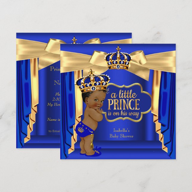 Royal Blue Prince Baby Shower Gold Crown Ethnic Einladung (Vorne/Hinten)
