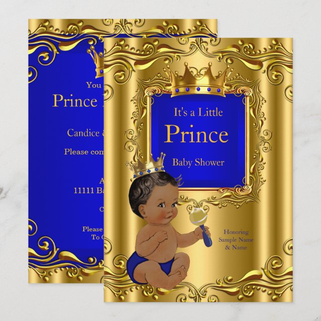 Royal Blue Prince Baby Shower Gold Crown Ethnic Einladung (Vorne/Hinten)