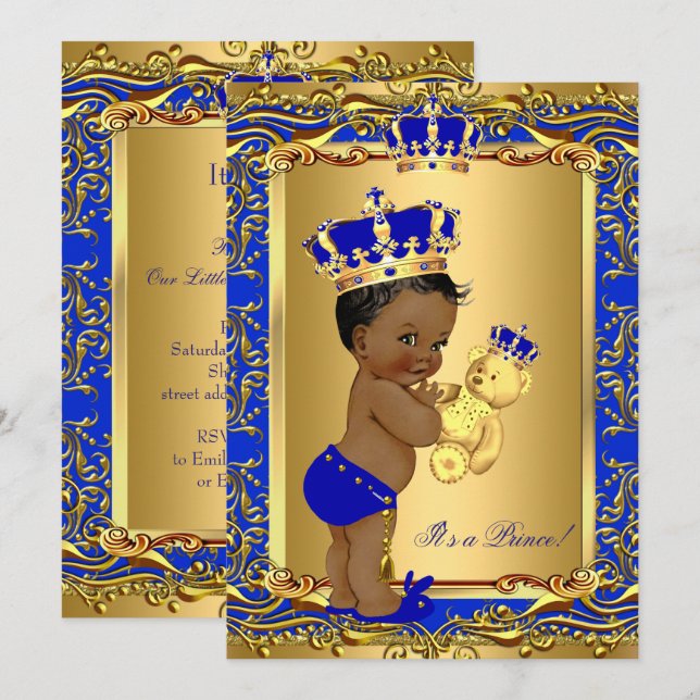 Royal Blue Prince Crown Baby Dusche Bear Ethnic Einladung (Vorne/Hinten)