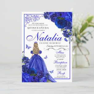 Royal Blue Princess & Butterflies Quinceañera Einladung