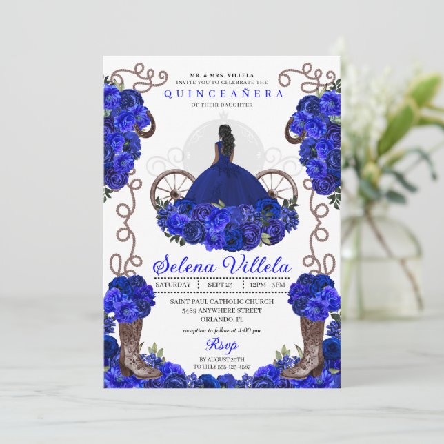 Royal Blue Princess Dress & Boots Quinceanera Einladung (Stehend Vorderseite)