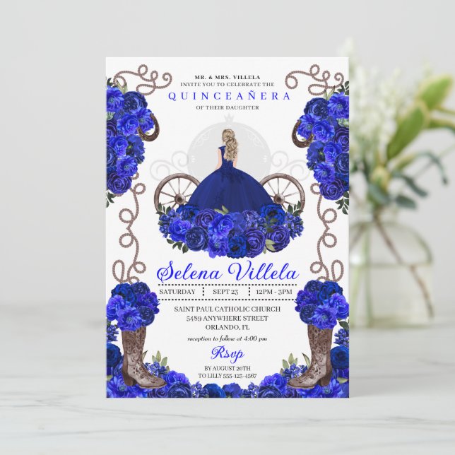 Royal Blue Princess Dress & Boots Quinceanera Einladung (Stehend Vorderseite)
