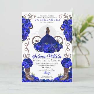 Royal Blue Princess Dress & Boots Quinceanera Einladung