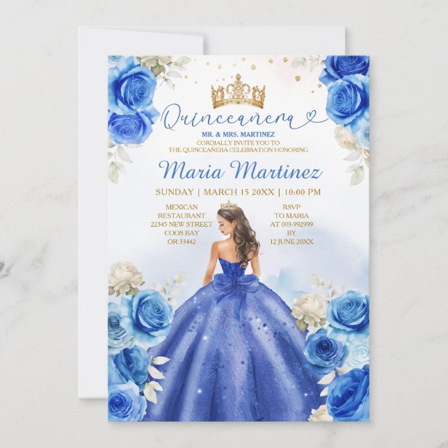 Royal Blue Princess Floral Gold Crown Quinceañera Einladung (Vorderseite)