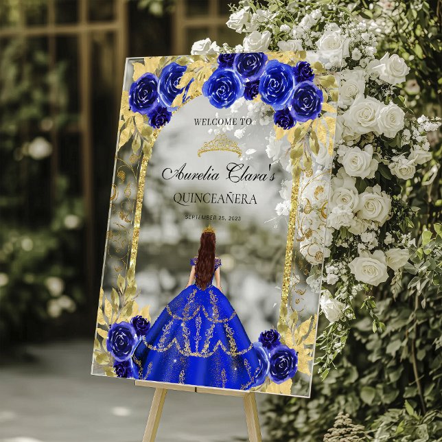 Royal Blue Princess Floral Quinceañera Birthday Acrylschild (Von Creator hochgeladen)