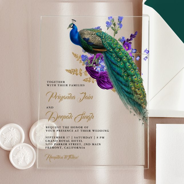 Royal Blue Purple Floral Indian Peacock Wedding Acryleinladungen (Von Creator hochgeladen)