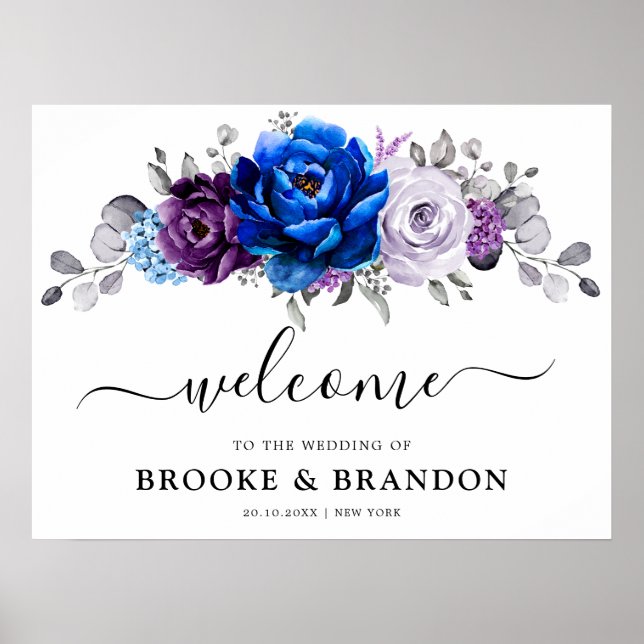 Royal Blue Purple Navy Lilac Bloom Wedding Welcome Poster (Vorne)